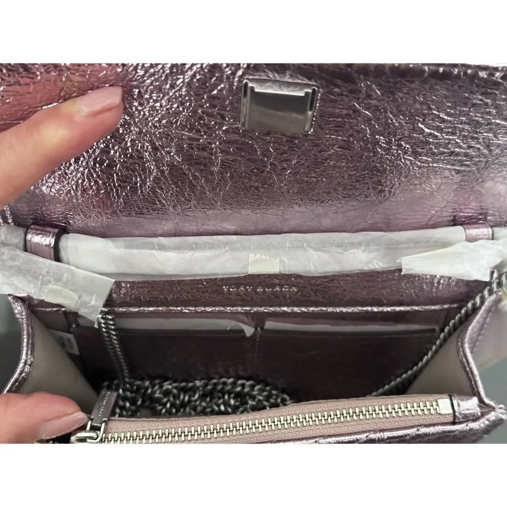 TORY‎ BURCH MINI KIRA MOTO QUILT METALLIC TOP-HANDLE CROSSBODY, SPARKLE PINK